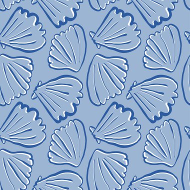 Elle çizilmiş deniz kabukları mavi arka planda karalama şekilli mavi deniz tarakları. Çizgi sanatı deniz kabuğu vektör arka planı. Vektör illüstrasyonu