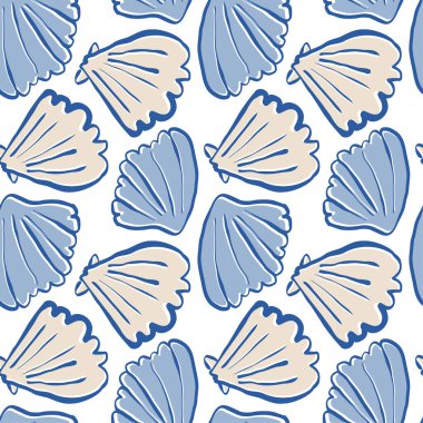 El çizimi deniz kabukları mavi bej rengi, kusursuz desenli beyaz arka planda karalama kabukları. Çizgi sanatı deniz kabuğu vektör arka planı. Vektör illüstrasyonu