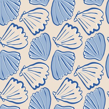 El yapımı deniz kabukları, kumlu bej arka planda, karalama biçiminde, mavi, pürüzsüz desenler. Çizgi sanatı deniz kabuğu vektör arka planı. Vektör illüstrasyonu