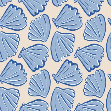 El yapımı deniz kabukları, kumlu bej arka planda, karalama biçiminde, mavi, pürüzsüz desenler. Çizgi sanatı deniz kabuğu vektör arka planı. Vektör illüstrasyonu