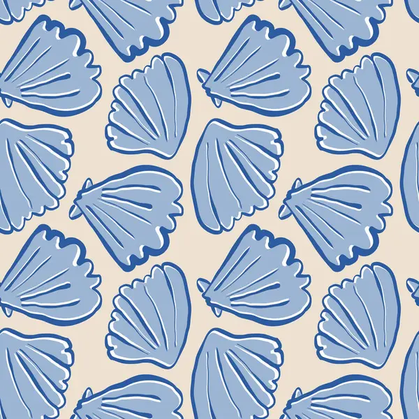 El yapımı deniz kabukları, kumlu bej arka planda, karalama biçiminde, mavi, pürüzsüz desenler. Çizgi sanatı deniz kabuğu vektör arka planı. Vektör illüstrasyonu