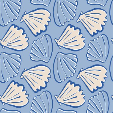 El çizimi deniz kabukları mavi bej renksiz desenli mavi arka planda karalama kabukları. Çizgi sanatı deniz kabuğu vektör arka planı. Vektör illüstrasyonu