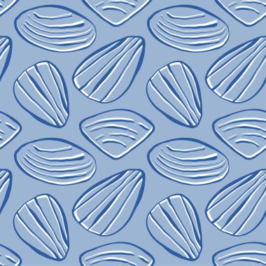 Elle çizilmiş deniz kabukları mavi arka planda karalama şekilli mavi deniz tarakları. Çizgi sanatı deniz kabuğu vektör arka planı. Vektör illüstrasyonu
