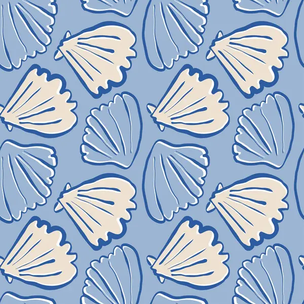 El çizimi deniz kabukları mavi bej renksiz desenli mavi arka planda karalama kabukları. Çizgi sanatı deniz kabuğu vektör arka planı. Vektör illüstrasyonu
