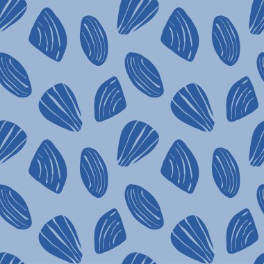 Elle çizilmiş deniz kabukları mavi arka planda karalama şekilli mavi deniz tarakları. Çizgi sanatı deniz kabuğu vektör arka planı. Vektör illüstrasyonu