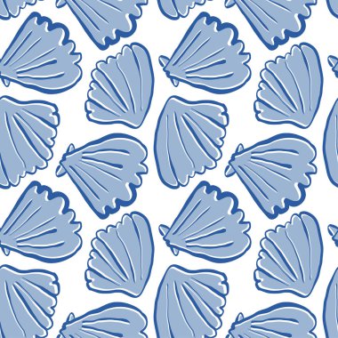 El çizimi deniz kabukları beyaz arkaplanda karalama biçiminde mavi, pürüzsüz desenler. Çizgi sanatı deniz kabuğu vektör arka planı. Vektör illüstrasyonu
