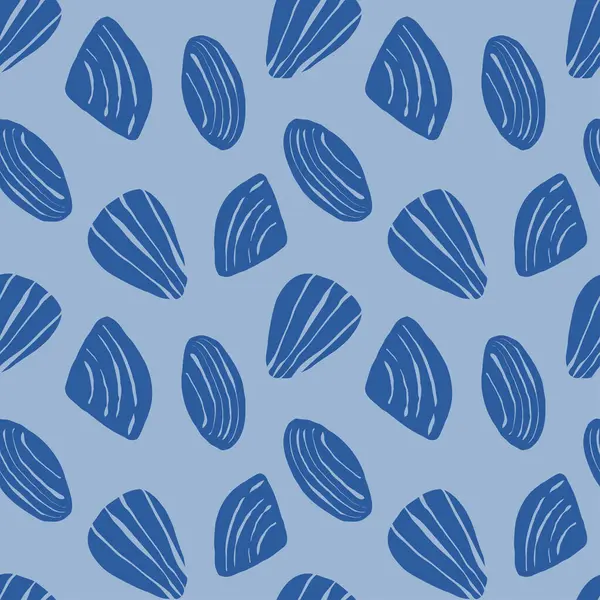 Elle çizilmiş deniz kabukları mavi arka planda karalama şekilli mavi deniz tarakları. Çizgi sanatı deniz kabuğu vektör arka planı. Vektör illüstrasyonu