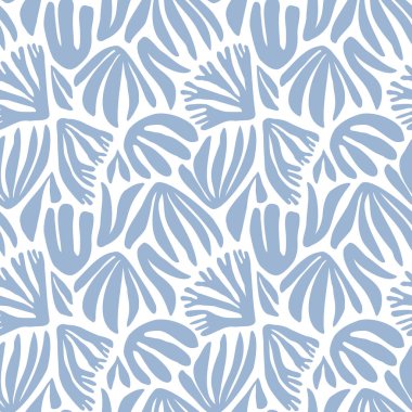 Beyaz arka planda deniz yosunu silueti kusursuz desen. El çizimi karalama çizimi. Deniz altı yaz tatili. Mavi yosun, yosun tasarım elementleri. Vektör illüstrasyonu