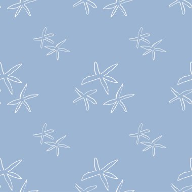 Mavi arka planda elle çizilmiş mavi denizyıldızı desenli kusursuz desen. Deniz piyadesi minimalist çizgi sanat tarzında tekrar tasarımı. Tekstil, ambalaj, ambalaj kağıdı ya da yaz temalı