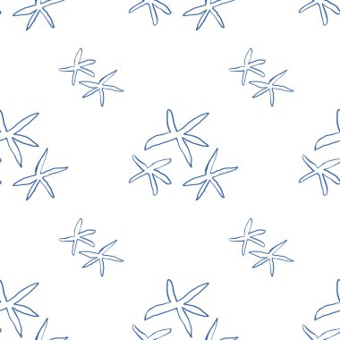 Beyaz arka planda elle çizilmiş mavi denizyıldızı deseni. Deniz piyadesi minimalist çizgi sanat tarzında tekrar tasarımı. Tekstil, ambalaj, ambalaj kağıdı ya da yaz temalı