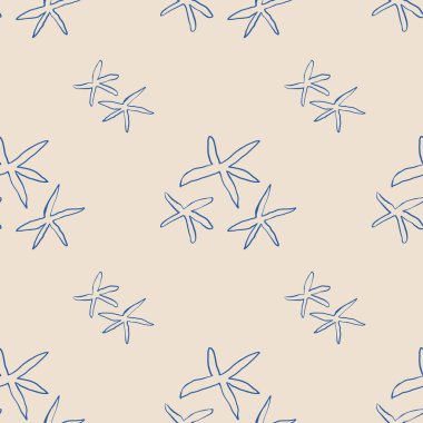Kumlu arka planda elle çizilmiş mavi denizyıldızı deseni var. Deniz piyadesi minimalist çizgi sanat tarzında tekrar tasarımı. Tekstil, ambalaj, ambalaj kağıdı ya da yaz temalı