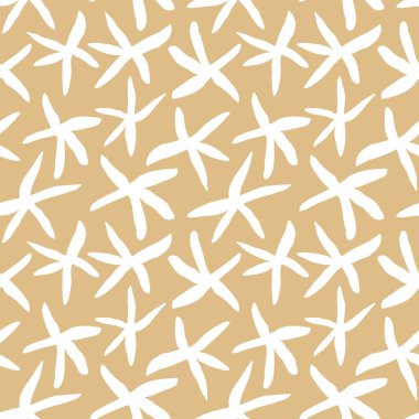 Sarı kumlu arka planda elle çizilmiş deniz yıldızı deseni. Deniz piyadesi minimalist çizgi sanat tarzında tekrar tasarımı. Tekstil, ambalaj, ambalaj kağıdı ya da yaz temalı