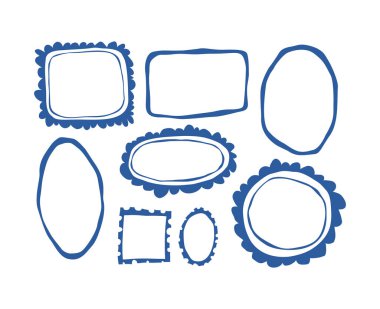 El çizimi, yarım yamalak, düz olmayan çizgiler ve soyut deniz tarağı kenarlı bir dizi mavi vektör çerçevesi. Doodle tarzı çeşitli şekillerde kenarlar: yuvarlak, oval, kare ve dikdörtgen. Tasarım kullanımı için harika.
