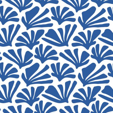 Yumuşak okyanus tonlarında kumaş ve kağıt tasarımı için karalama yosunlarıyla kusursuz desen. El yapımı deniz yosunu desenli karalama deniz kumaşı mavisi. Vektör illüstrasyonu