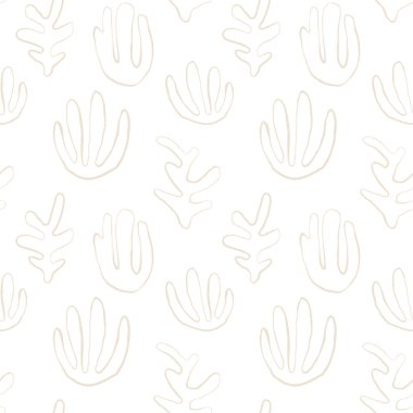 Deniz yosunu silueti pürüzsüz desen. El çizimi karalama çizimi. Deniz altı yaz tatili. Bej rengi kumlu yosun, yosun tasarım elementleri. Vektör illüstrasyonu