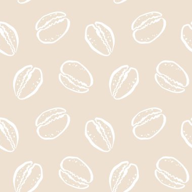 Yumuşak bej arka planda el çizimi tarzında beyaz kowrie kabuk deseni. Tropikal tasarımlar için mükemmel yaz baskıları ve kıyı ambalajı. Vektör illüstrasyonu