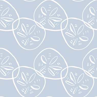 Yumuşak pastel mavi tonlarda pürüzsüz kum dolarları deseni tekrarlanıyor. Sıcak yaz atmosferli el yapımı deniz elementleri. Ambalaj kağıdı, tekstil ya da kırtasiye malzemesi için mükemmel. Vektör illüstrasyonu