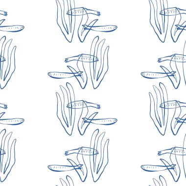 Yumuşak deniz karalama stilinde el ile çizilmiş garip balık ve deniz yosunlarıyla tekrarlanan desen plaj temalı vektör çizimleri için harika.