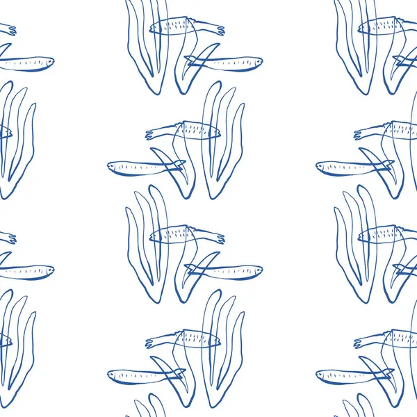 Yumuşak deniz karalama stilinde el ile çizilmiş garip balık ve deniz yosunlarıyla tekrarlanan desen plaj temalı vektör çizimleri için harika.