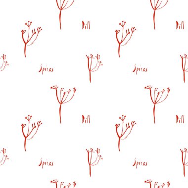 Kırmızı elle çizilmiş dereotu bitkileriyle oynak ve pürüzsüz desen beyaz arka planda dereotu ve baharatlar kaprisli biçim vektör çizimi