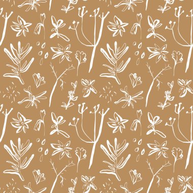 Anasonlu botanik baharat deseni ve sıcak kahverengi arka planda açık beyaz çizgilerle çizilmiş bitkiler. Vektör illüstrasyonu.
