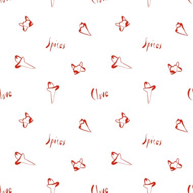 Beyaz zemin üzerinde kırmızı karanfil tomurcukları olan pürüzsüz desenler. Duvar sanatı ve tekstil tasarımı için en az el çizimi tarzında. Gıda ambalajlama tekstil baskı mutfak posterleri ambalaj kağıdı için kullan