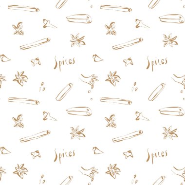 Organik çizim unsurları ve dekorasyon ve aşçılık projeleri için el yazısıyla yazılmış modern dikişsiz baharat deseni. Mutfak posterleri, ürün etiketleri, kağıt yemek tarifi kitabı için mükemmel.