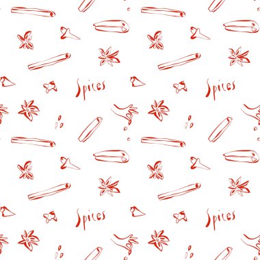 Kırmızı baharat elementleri ve beyaz arkaplan üzerine el yazısıyla yazılmış modern kusursuz kalıp mutfak dekorasyonu ve tekstil baskısı için eskiz stili. Vektör illüstrasyonu.