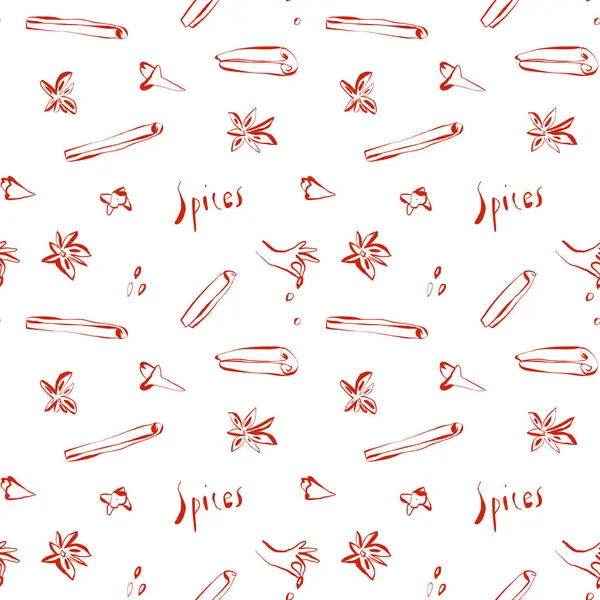Kırmızı baharat elementleri ve beyaz arkaplan üzerine el yazısıyla yazılmış modern kusursuz kalıp mutfak dekorasyonu ve tekstil baskısı için eskiz stili. Vektör illüstrasyonu.