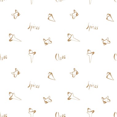 Kağıt tekstil ve duvar sanatı için beyaz arka planda sıcak tarçın gölgelerinde karanfil tomurcukları olan en az pürüzsüz desen. Tekstil baskı mutfak posterlerini ambalaj tasarımı için kullan