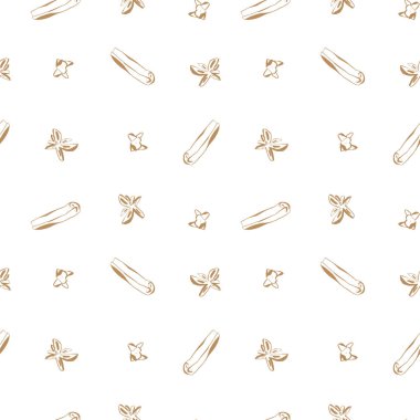 Minimalist tarçın renk çizgisi olan baharat desenli karanfil anason ve tarçın çubukları beyaz arka planda. Vektör çizimi. Tarif kartları tekstil tasarımı kağıt etiketleri için güzel bir mutfak.