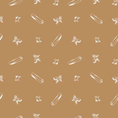 Beyaz çizgili tarçın desenli minimalist baharat deseni tarçın rengi arka planda anason çiçekleri ve karanfiller bırakır. Vektör çizimi. Önerilen kullanım: kağıt mutfak tekstil ambalajı