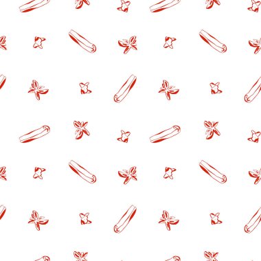 Kırmızı çizgili tarçın desenli minimalist baharat deseni beyaz arka plana anason çiçekleri ve karanfilleri yerleştirir. Vektör çizimi. Önerilen kullanım: mutfak tekstil ambalaj kağıdı tarifi