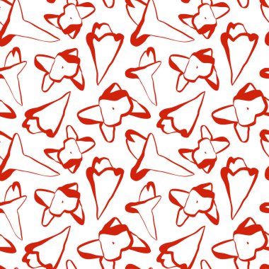 Beyaz üzerine kırmızı karanfil desenli en az kusursuz botanik deseni. Ev yapımı tekstil ve ambalaj kağıtları için harika. Vektör illüstrasyonu.