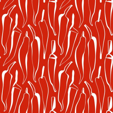 Kırmızı arka planda beyaz el çizilmiş biberli, en az dikişsiz kırmızı biber desenli mutfak dekorasyonu kağıt kaplama, sıcak gıda paketleme, tekstil tasarımı ve restoran markası için ideal. Vektör