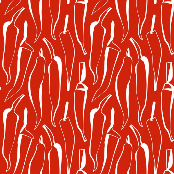 Kırmızı arka planda beyaz el çizilmiş biberli, en az dikişsiz kırmızı biber desenli mutfak dekorasyonu kağıt kaplama, sıcak gıda paketleme, tekstil tasarımı ve restoran markası için ideal. Vektör