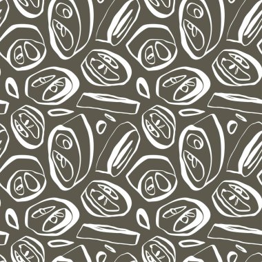 Jalapeno dilimlerinin vektör çizimi ve yumuşak yeşil arka planda elle çizilmiş tohumlar. Kumaş ve ambalaj için harika. Vektör İllüstrasyonu.