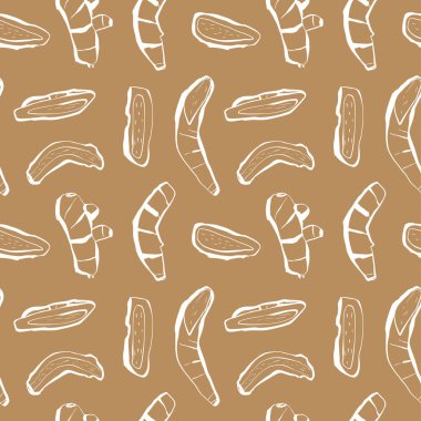 Tarzlanmış zencefil dilimleri ve kökler, toprak kahverengi arka planda pürüzsüz bir şekilde sıralanmış. Paketleme ve tekstil tasarımı için harika. Vektör illüstrasyonu.