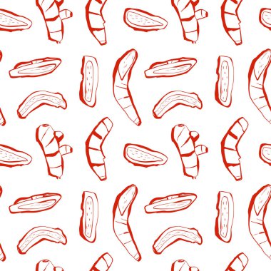 Dilimlenmiş vektör desenleri ve beyaz arka planda kırmızı çizgili bütün zencefil kökleri. Paketleme ve etiketleme için mükemmel. Vektör illüstrasyonu.