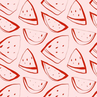 Elle çizilmiş kırmızı karpuz dilimleri, pürüzsüz bir düzende yumuşak pembe bir zemin üzerine sıkıca dizilmiş. Vektör çizimi. Kumaş, ambalaj, kırtasiye ve hediyeler için ideal.