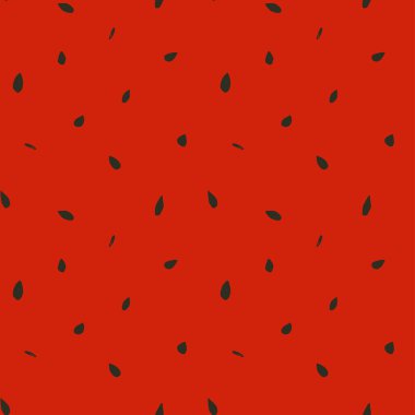 Değişik boyutlarda kaotik karpuz tohumları pürüzsüz bir düzende canlı kırmızı arka plana saçılmış. Vektör çizimi. Ambalaj, kumaş, dekor, yaz ürünleri için harika..