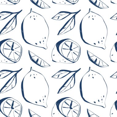 Beyaz arka planda mavi limon, dilimler, yapraklar ve yarımlarla tekrarlanan desen. Paketleme, tekstil ve ev dekorasyonu için ideal. Vektör illüstrasyonu.