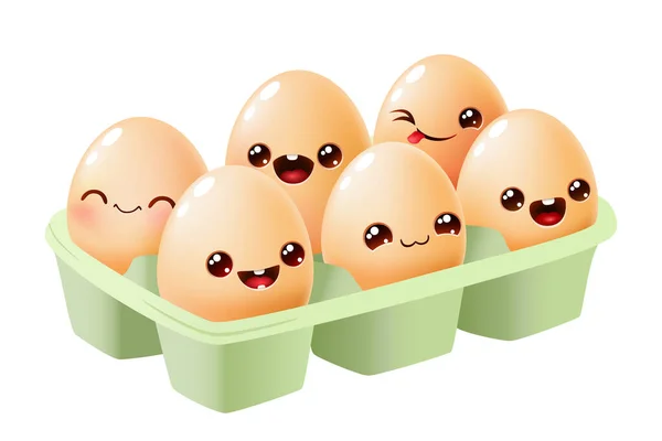 白い背景の紙の箱にかわいい漫画の卵 面白い感情を持つ卵のセット 食べ物の概念 孤立したベクトル図 — ストックベクタ