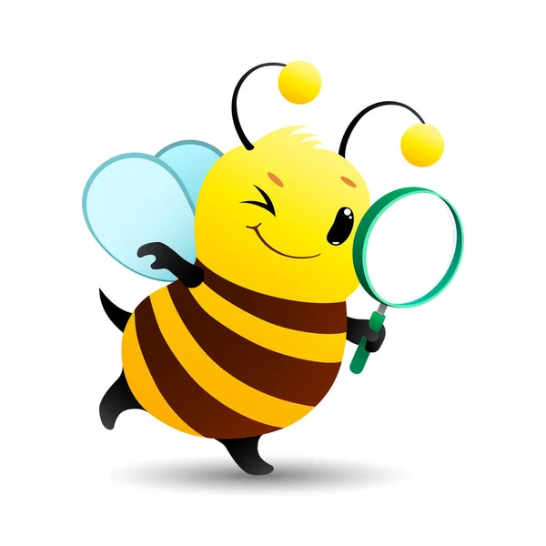 白い背景に虫眼鏡のアイテムを探しているかわいい漫画の小さなミツバチ 面白い蜂を探している ベクター漫画のキャラクターイラスト — ストックベクタ