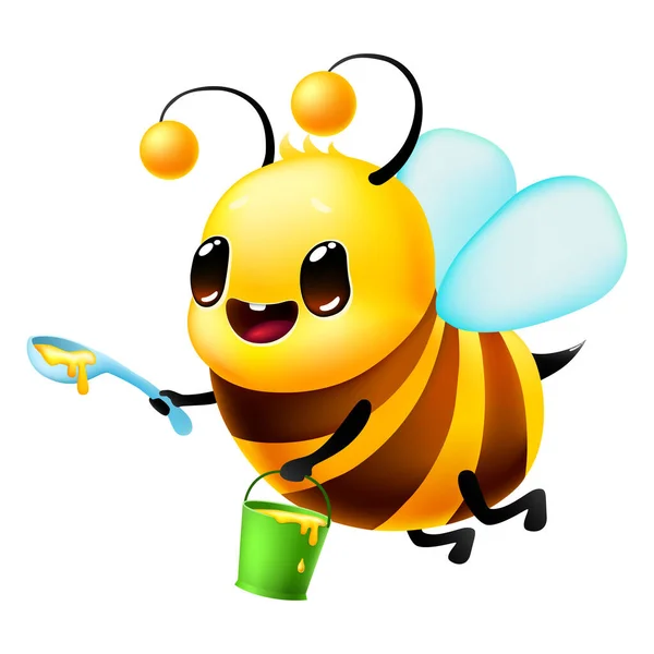 Lustige Cartoon Honigbiene Mit Eimer Honig Und Löffel Auf Weißem — Stockvektor