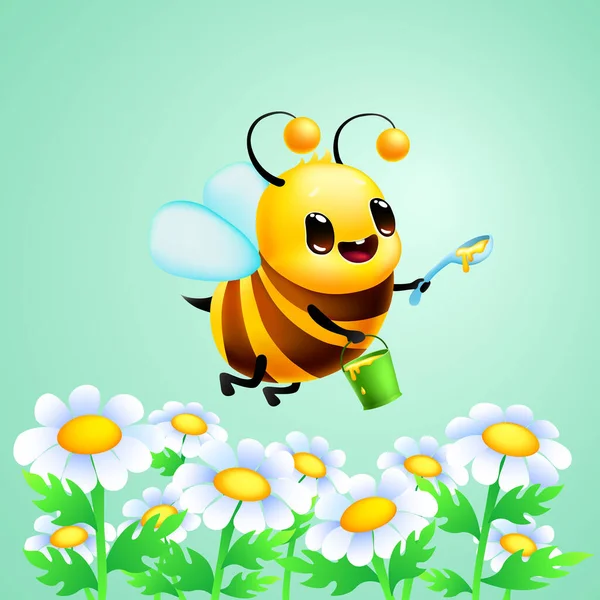 デイジーの花と青い背景に蜂蜜とスプーンのバケツとかわいい漫画のミツバチ ベクター漫画のキャラクターイラスト — ストックベクタ