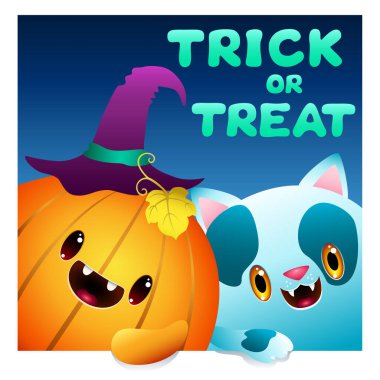 Komik çizgi film Jack O Lantern balkabağı, cadı şapkası ve kara lekeli kedi. Mavi arka planda şirin Cadılar Bayramı karakterleri. vektör illüstrasyonu.