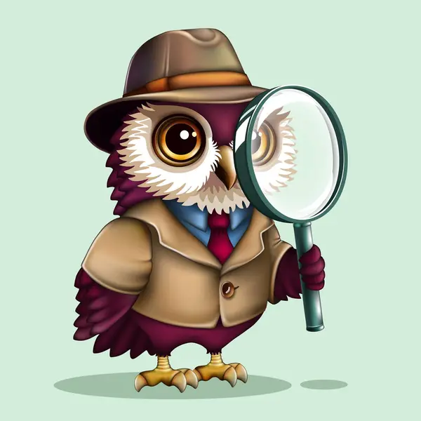 Şapkalı ve ceketli, elinde büyüteç olan sevimli baykuş dedektifi. Mavi arka planı araştıran komik bir kuş. vektör çizgi karakter çizimi.