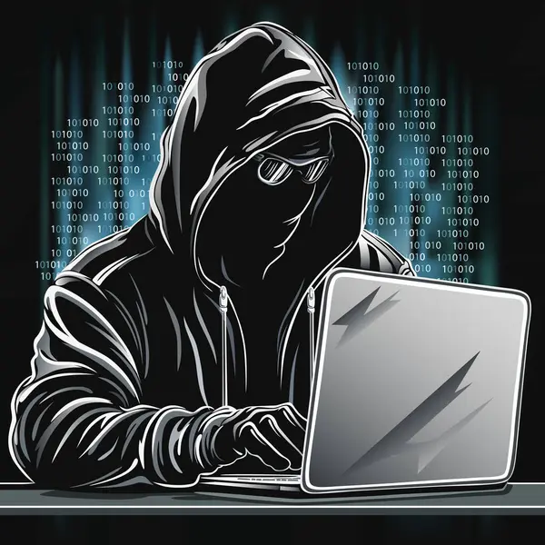 Kapüşonlu dizüstü bilgisayar korsanı, koyu renk maske ve siyah gözlükler ikili matris ile koyu mavi arka planda. kişisel bilgileri çalmak. Siber saldırı konsepti. vektör illüstrasyonu.