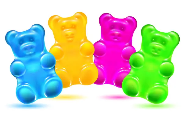 Beyaz arka planda sevimli renkli jöle ayılar. Parlak renkli sakızlı hayvan şekerlemeleri. vektör illüstrasyonu.